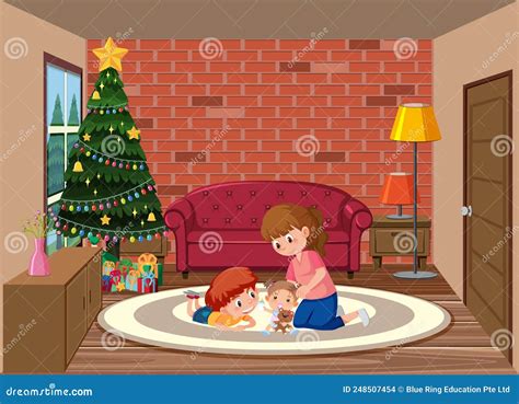 Living Room Scene with Children Cartoon Character Stock Vector ...