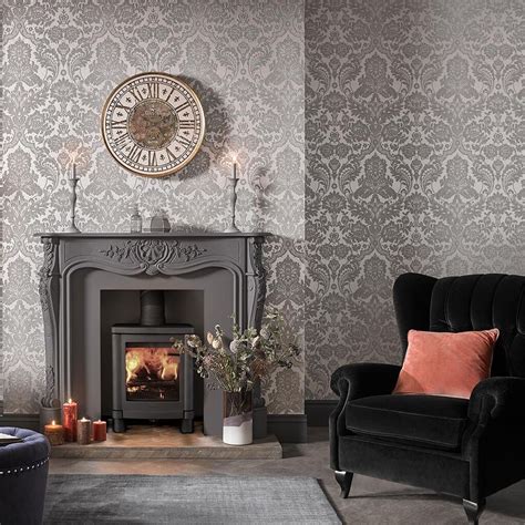 GOTHIC DAMASK FLOCK GREY & SILVER WALLPAPER | Silver wallpaper living ...