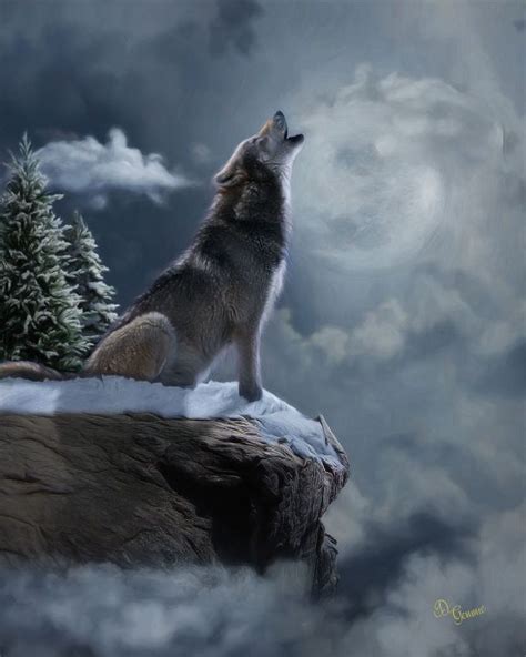 Wolf Sitting Howling At Full Moon