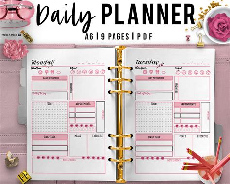 A6 Pink Daily Planner Printable Day Organizer Daily Agenda Exercise ...