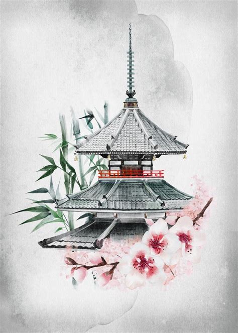 'Japanese Pagoda' Poster, picture, metal print, paint by NOVO Gallery of Art and Design | Displate