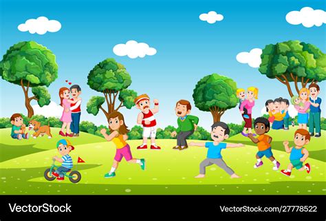 People in city park doing sports and playing Vector Image