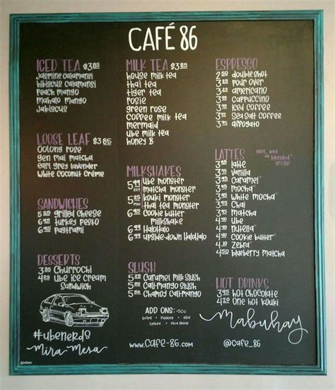 Menu at Cafe 86, San Diego