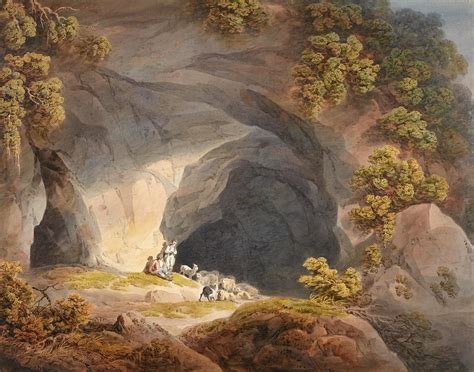 Figures outside a Cave near Abergeley. North Wales Drawing by Francis Nicholson