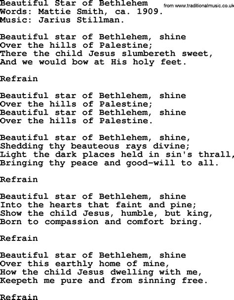 Christmas Hymns, Carols and Songs, title: Beautiful Star Of Bethlehem - complete lyrics, and PDF