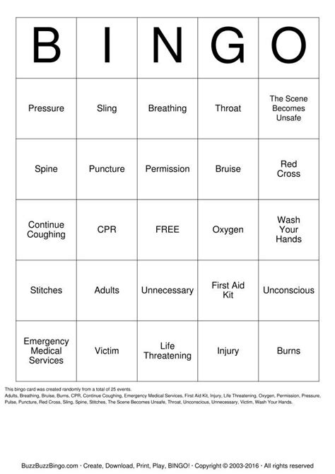 First Aid Bingo Cards Printable | Bingo cards