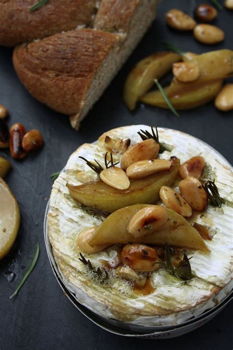 Rosemary and Garlic Baked Camembert with Honey Glazed Pear and Almonds | Baked camembert, Baked ...