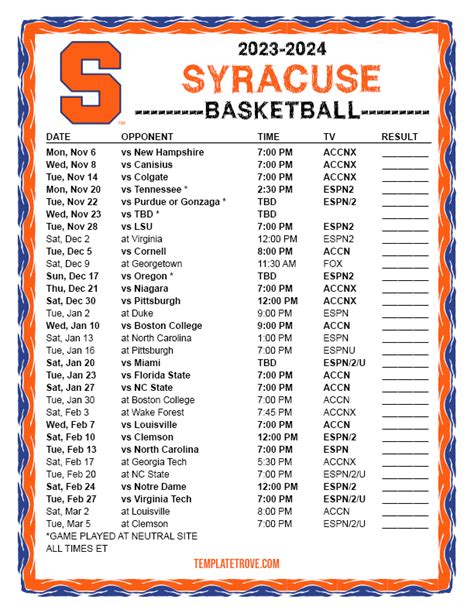 Printable 2023-2024 Syracuse Orange Basketball Schedule