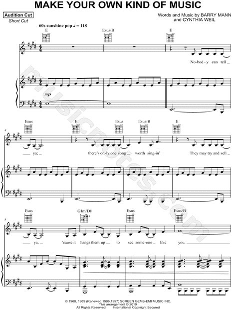 Mama Cass Elliot "Make Your Own Kind of Music" Sheet Music in E Major (transposable) - Download ...