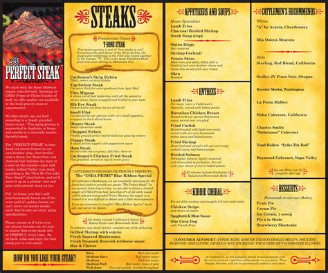 Cattlemen's Steakhouse menu in Oklahoma City, Oklahoma, USA