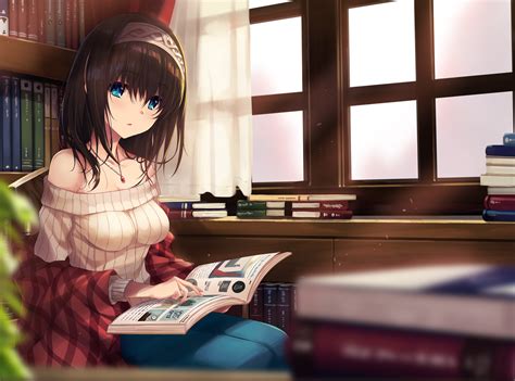 Download 1600x1200 Wallpaper Cute Girl, Reading, Book, Anime, Original, Standard 4:3, Fullscreen ...