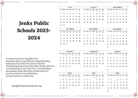 Jenks Public Schools Calendar with Holidays 2023-2024