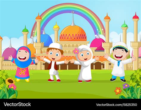 Cartoon happy kid muslim with rainbow Royalty Free Vector