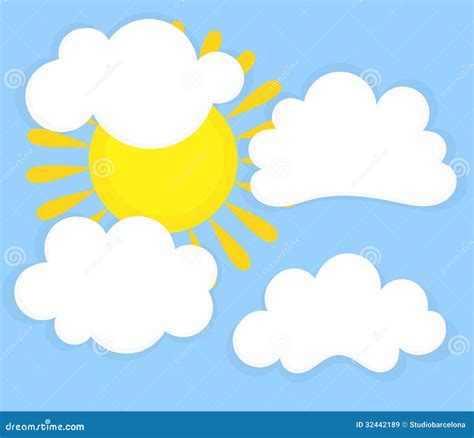 Blauwe Hemel, Wolken En Zon Vector Illustratie - Illustration of wolk, beeldverhaal: 32442189