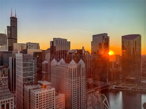 Glowing Sunset Over the Chicago River Stock Photo - Image of river ...