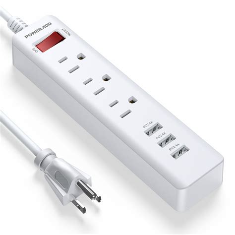 Poweradd 3-Outlet Surge Protector 3 USB Ports Power Strip with 5ft Heavy-Duty Extension Power ...