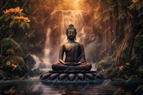 A buddha sits in a pond with a waterfall in the background. | Premium ...