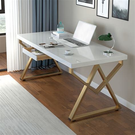 Modern White Writing Desk in Solid Wood & Metal Home Office Desk