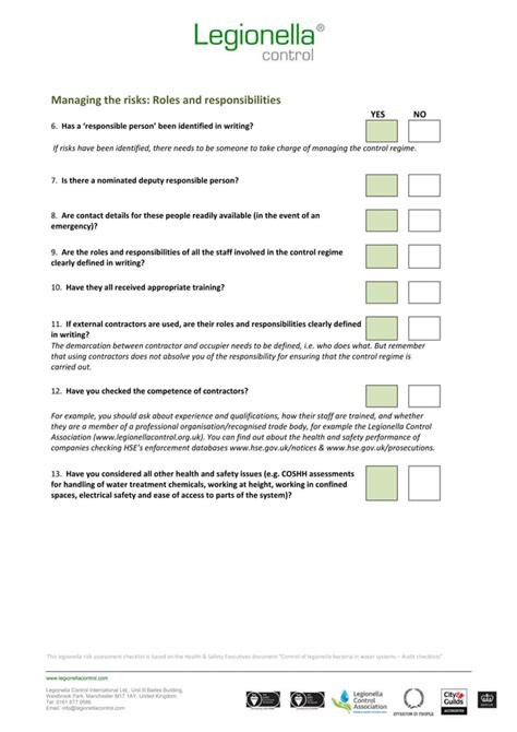 Legionella risk assessment template