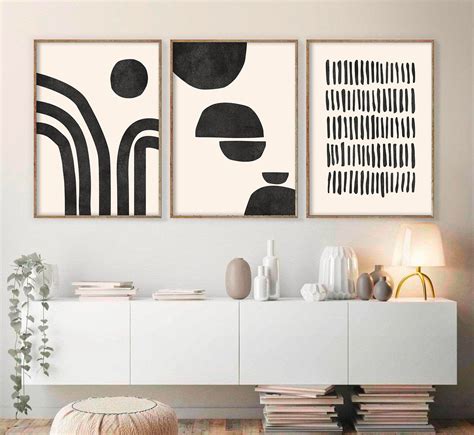 Abstract Geometric Print Set of 3 Prints Beige and Black Art Mid Century Modern Art Prints ...