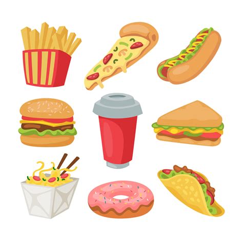 Fast Food Cartoon Set Illustration, Various Unhealthy Junk Food Elements 21334043 Vector Art at ...