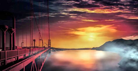 hills, red, black, yellow, beautiful, sunset, sky, clouds, fog, mist, sea, water, golden gate ...