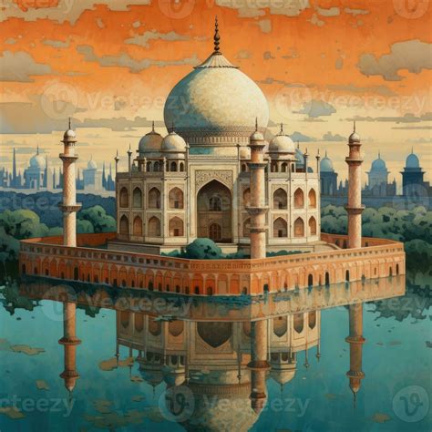 taj mahal hand draw painting artwork graphic oil landscape indigo orange poster scenery sunset ...