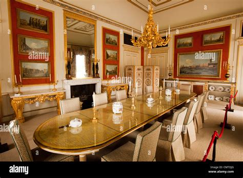 UK, England, Bedfordshire, Woburn Abbey interior, the Dining Room, table surrounded by Canaletto ...