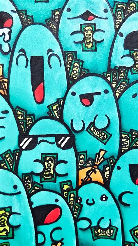 a group of blue cartoon faces with money coming out of their mouths, all painted in different colors