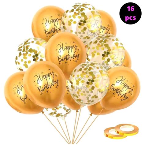 16" Golden Happy Birthday Letter Foil Balloon 8 Pre Filled Golden Confetti Balloons 8 Golden ...