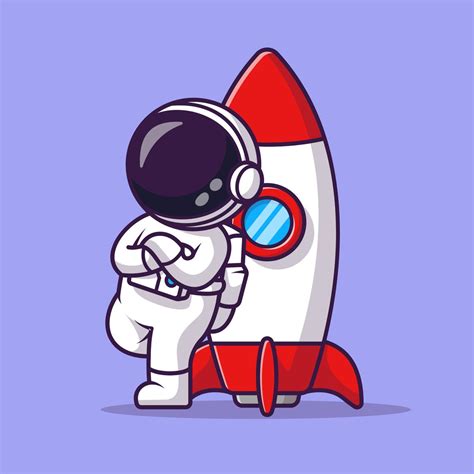 Cartoon Astronaut Lean on Rocket Hand Drawn Illustration Spaceman Flat Icon Cosmos Universe ...