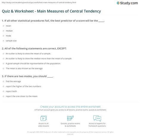 Quiz & Worksheet - Main Measures of Central Tendency | Study.com