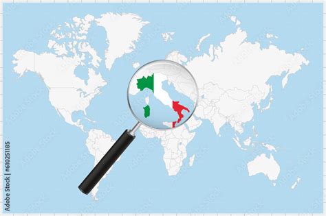 Magnifying glass showing a map of Italy on a world map. Stock Vector ...