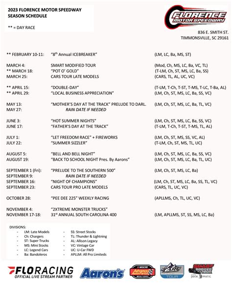 2023 Schedule – Florence Motor Speedway