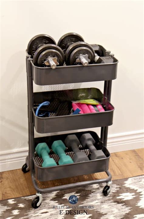 Mini home gym storage ideas for weights, Ikea hack Raskog unit. Kylie M E-design