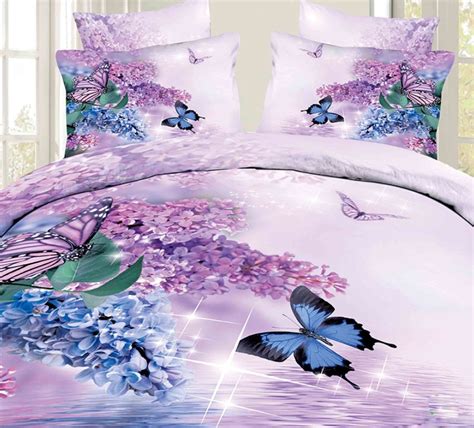 3D Purple butterfly floral bedding set duvet cover fitted cotton bed sheets bedspreads full size ...