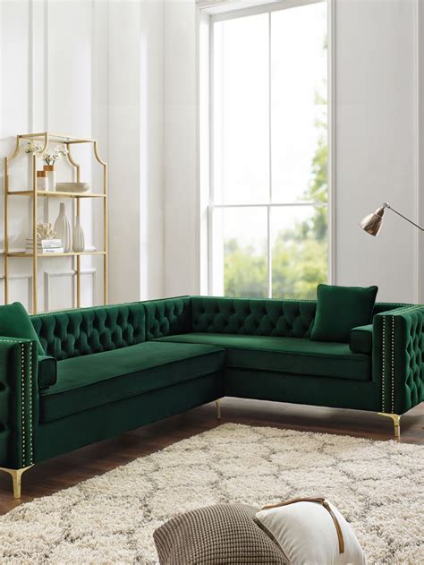 Hunter Green Corner Couch | 5-Seat Sectional Sofa | Green w/ gold ...