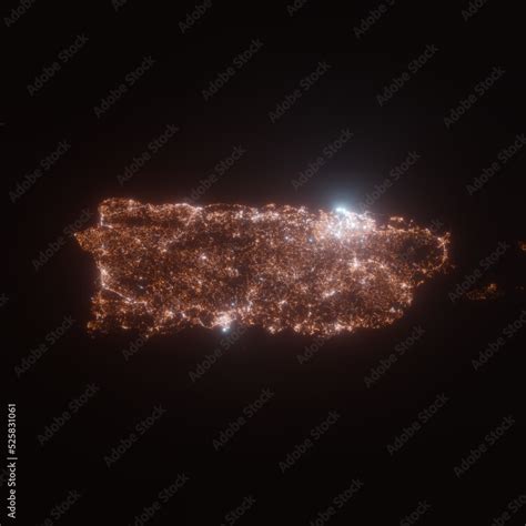 Puerto Rico street lights map. Satellite view on island at night. Imitation of aerial view on ...