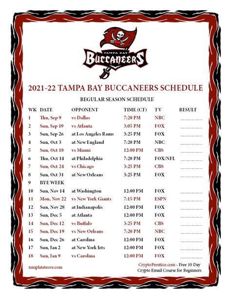 Printable 2021-2022 Tampa Bay Buccaneers Schedule