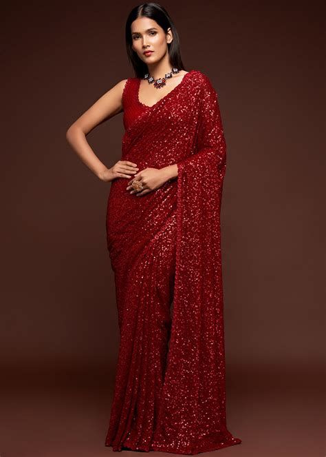 Red Party Wear Sequins Embroidered Saree In Georgette Saree 4068SR10