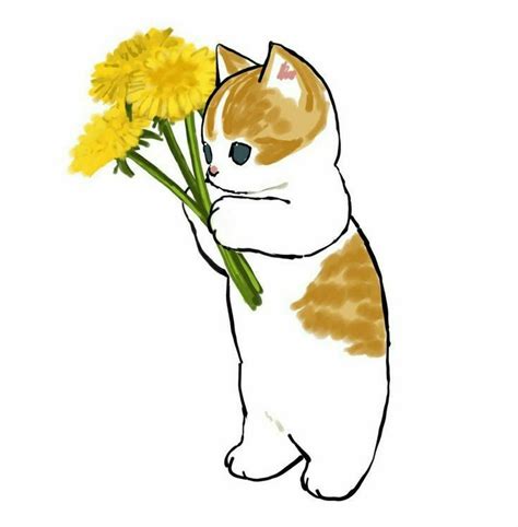 a drawing of a cat holding a bunch of flowers