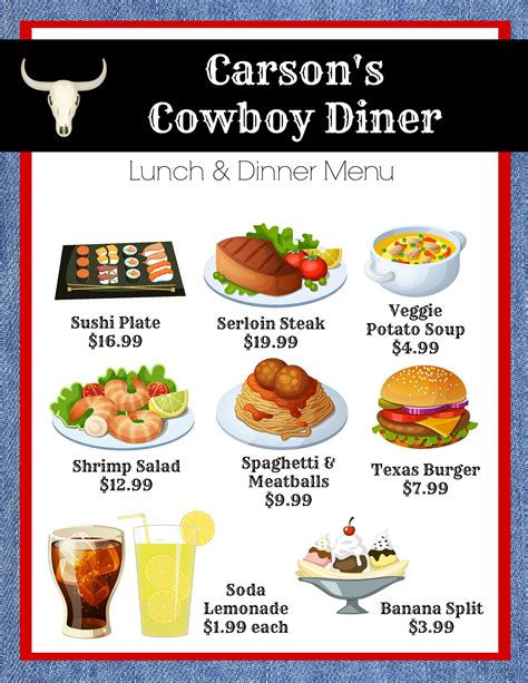 Cowboy Diner MENU Set / Kids Restaurant Cafe Diner Printable - Etsy Canada in 2022 | Diner menu ...