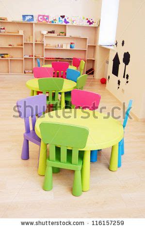 Montessori Kindergarten Preschool Classroom with table and chairs by AlexKrul, via ShutterStock ...