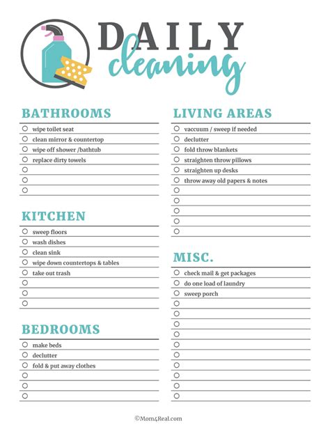 Printable Cleaning Checklists for Daily, Weekly and Monthly Cleaning ...