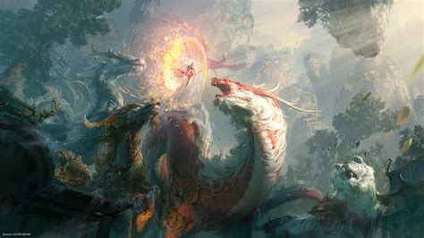 Xision Wu, creature, mythology, legend, Chinese dragon, dragon, artwork | 3000x1688 Wallpaper ...