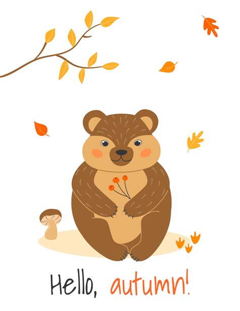 Vector illustration with cute bear, mushroom and leaf fall in cartoon style. Forest animals and ...