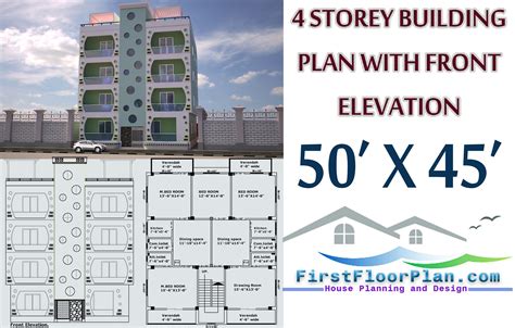 4 Storey Building Plan with Front Elevation | 50 X 45 - First Floor ...