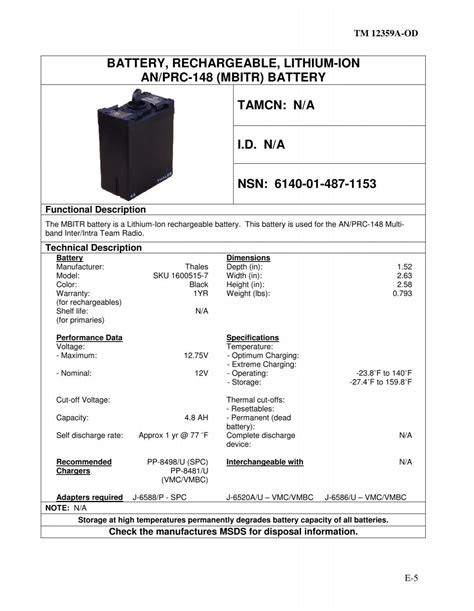 battery, rechargeable, lithium -ion an/prc -148 (mbitr