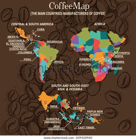 Coffee Map Main Countriesmanufacturers Coffee Central Stock Vector ...