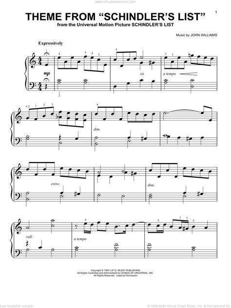 Theme From "Schindler's List" sheet music (beginner) for piano solo